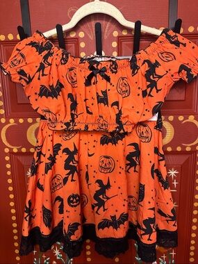 Sugar Thrillz Orange & Black Halloween Off-Shoulder Mini top & skirt